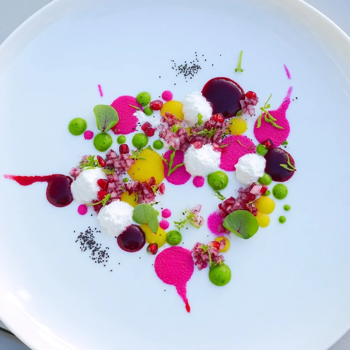 Freshly plated The Pointillism Dot Matrix, bursts of flavor and textures perfect as a shareable starter.