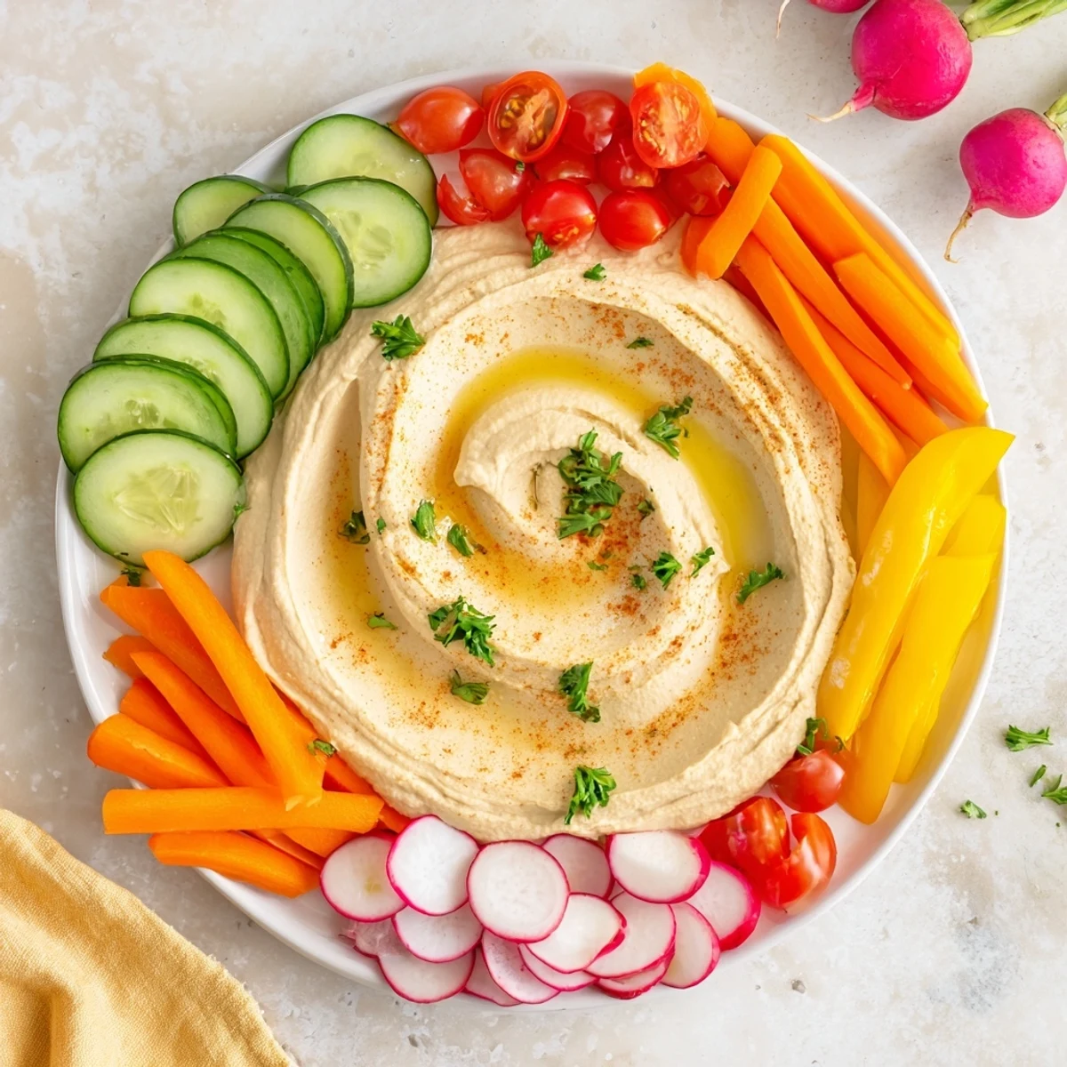 Colorful vegetables artfully arranged as the River Delta Flow appetizer with creamy hummus river feature.