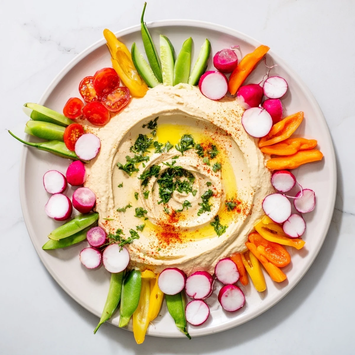 Mediterranean-inspired River Delta Flow appetizer: crisp veggie strips flow to meet hummus river.