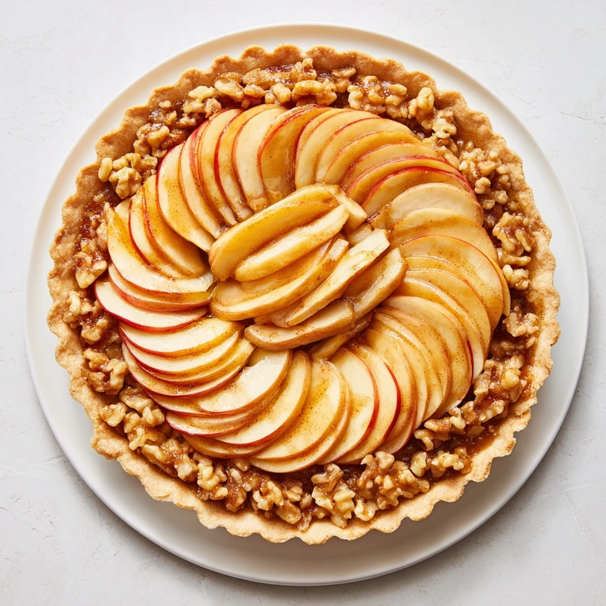 A golden Lattice Orchard tart, showing perfect apple slices woven over a warm nut filling.