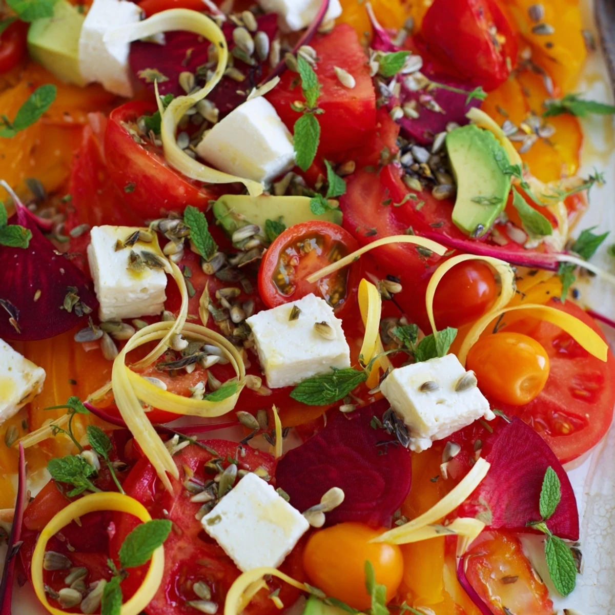 Vibrant Abstract Expressionist Splash salad featuring colorful tomatoes, beets, and watermelon, ready to enjoy.