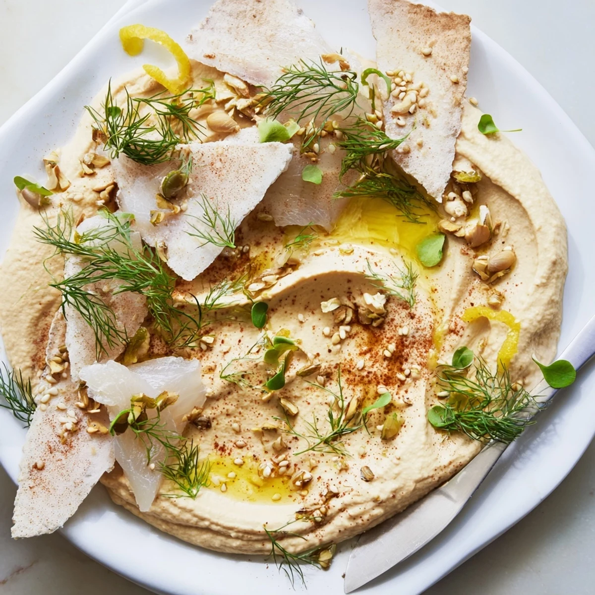 The Driftwood Beach appetizer with flaky smoked fish, creamy hummus, and rustic crackers beautifully arranged.