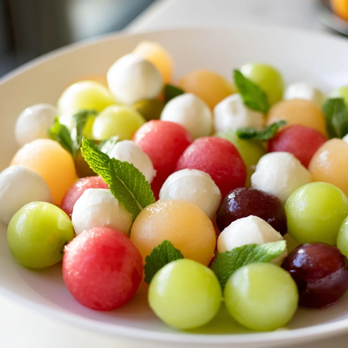 Vibrant The Polka Dot Platter features colorful melon and cheese spheres, ready to serve and enjoy.