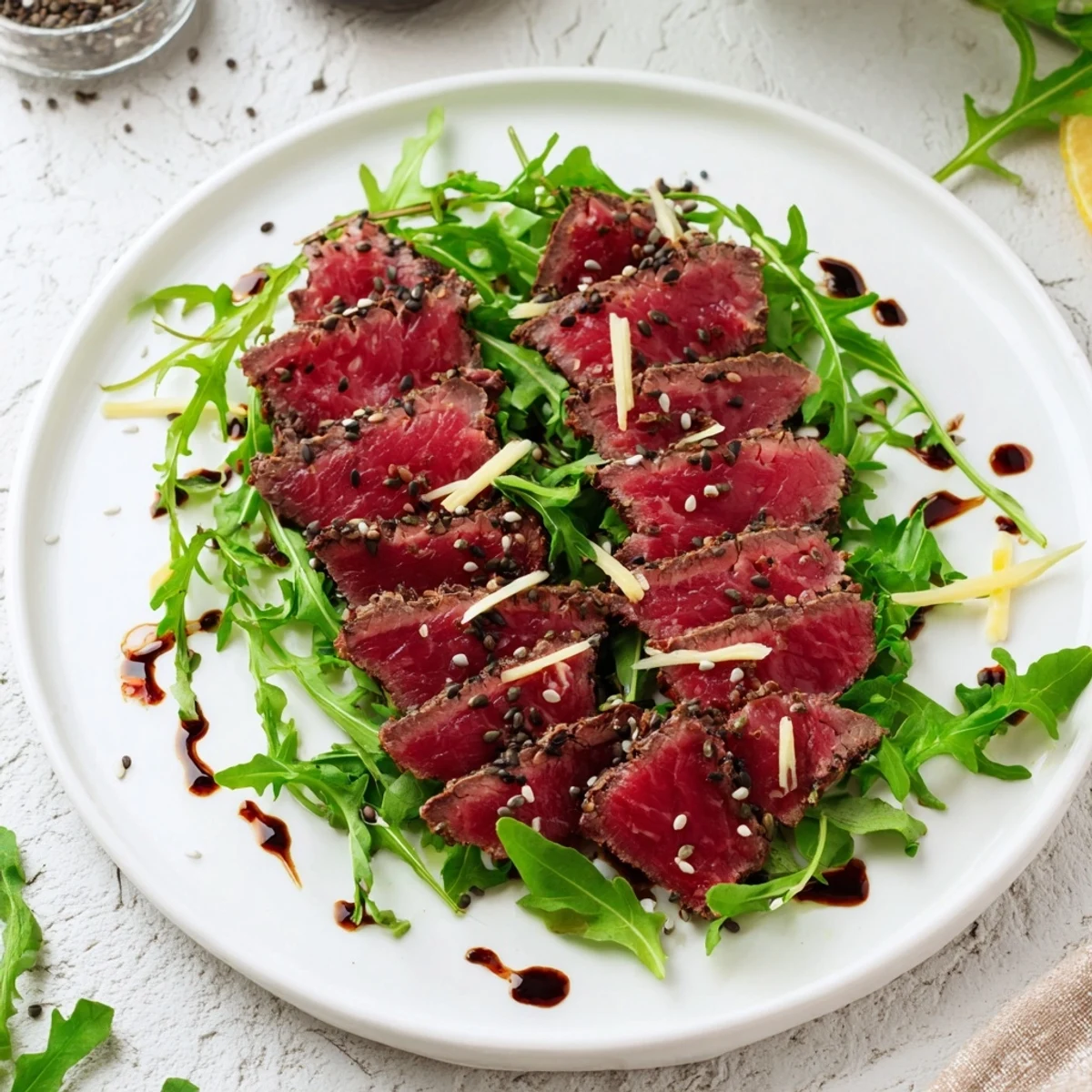 Beautifully folded Origami Fold Beef Appetizer, arranged on fresh arugula, ready to enjoy.