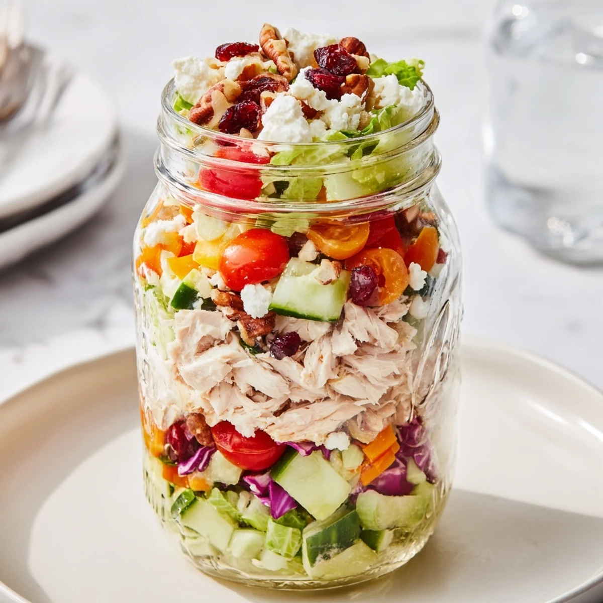 Vibrant layered Holiday Chopped Chicken Salad Jar, filled with colorful vegetables and creamy dressing, perfect for holiday meals.