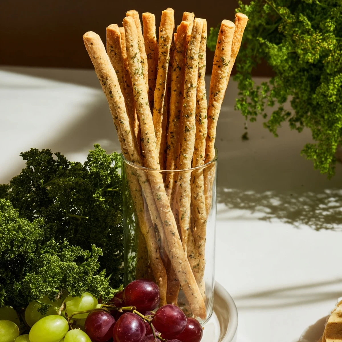 The Vertical Forest appetizer: tall breadsticks like edible trees, surrounded by parsley and grapes.
