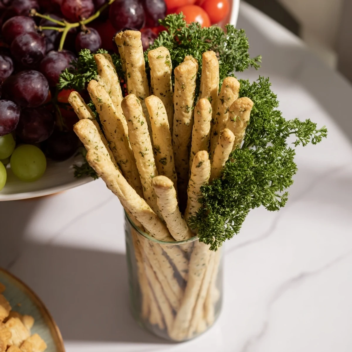 A beautiful, fresh Vertical Forest appetizer: breadsticks rising with grape and parsley "foliage".