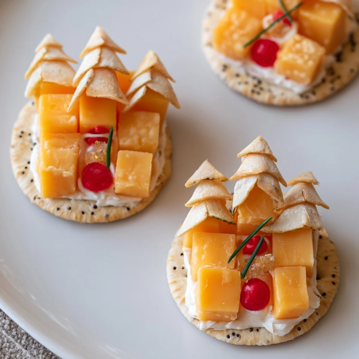 Adorable miniature Alpine Village appetizers, showcasing cheese houses with almond roofs on snowy crackers.