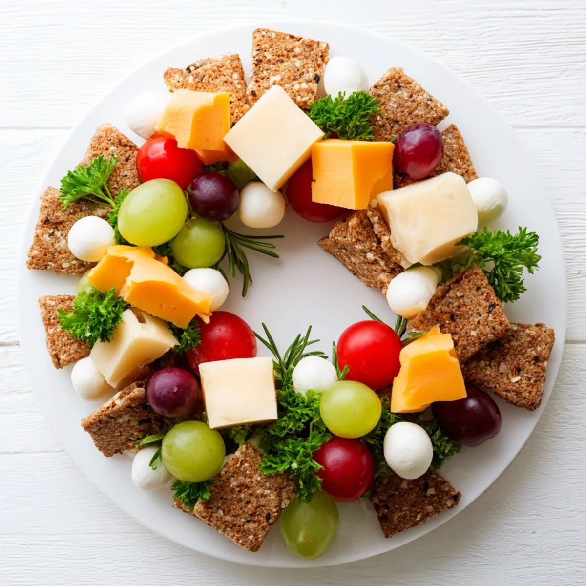 Festive Jingle Bell Cheese & Cracker Wreath with vibrant green grapes and red tomatoes scattered.
