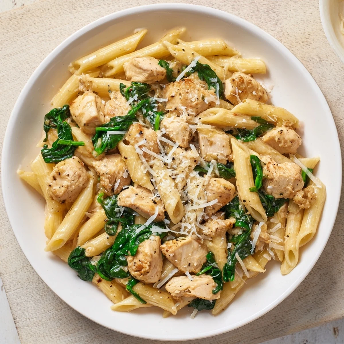 One-Pot Spinach and Chicken Pasta, glistening with Parmesan, ready for a delicious, healthy meal.