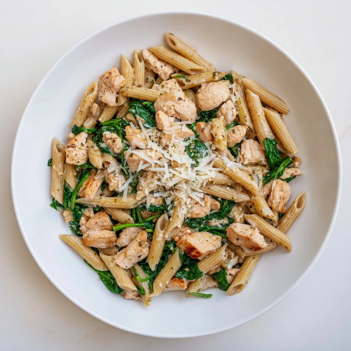 A steamy bowl of One-Pot Spinach and Chicken Pasta, with visible spinach and tender chicken pieces.