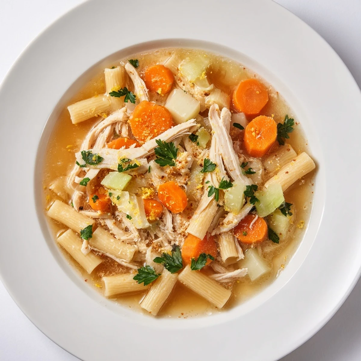 A warm, inviting photo of Chicken and Ditalini Flu Fighter Soup with tender shredded chicken.