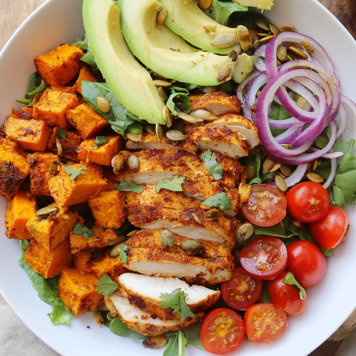 A colorful Avocado and Sweet Potato Chicken Bowl with glistening hot honey drizzle and fresh cilantro.