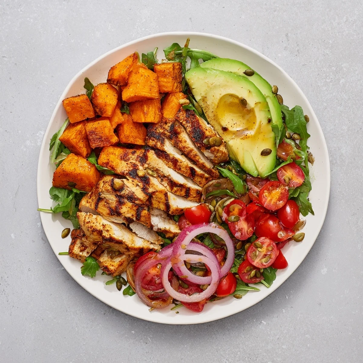 Golden roasted sweet potatoes and grilled chicken star in this healthy Avocado and Sweet Potato Chicken Bowl.