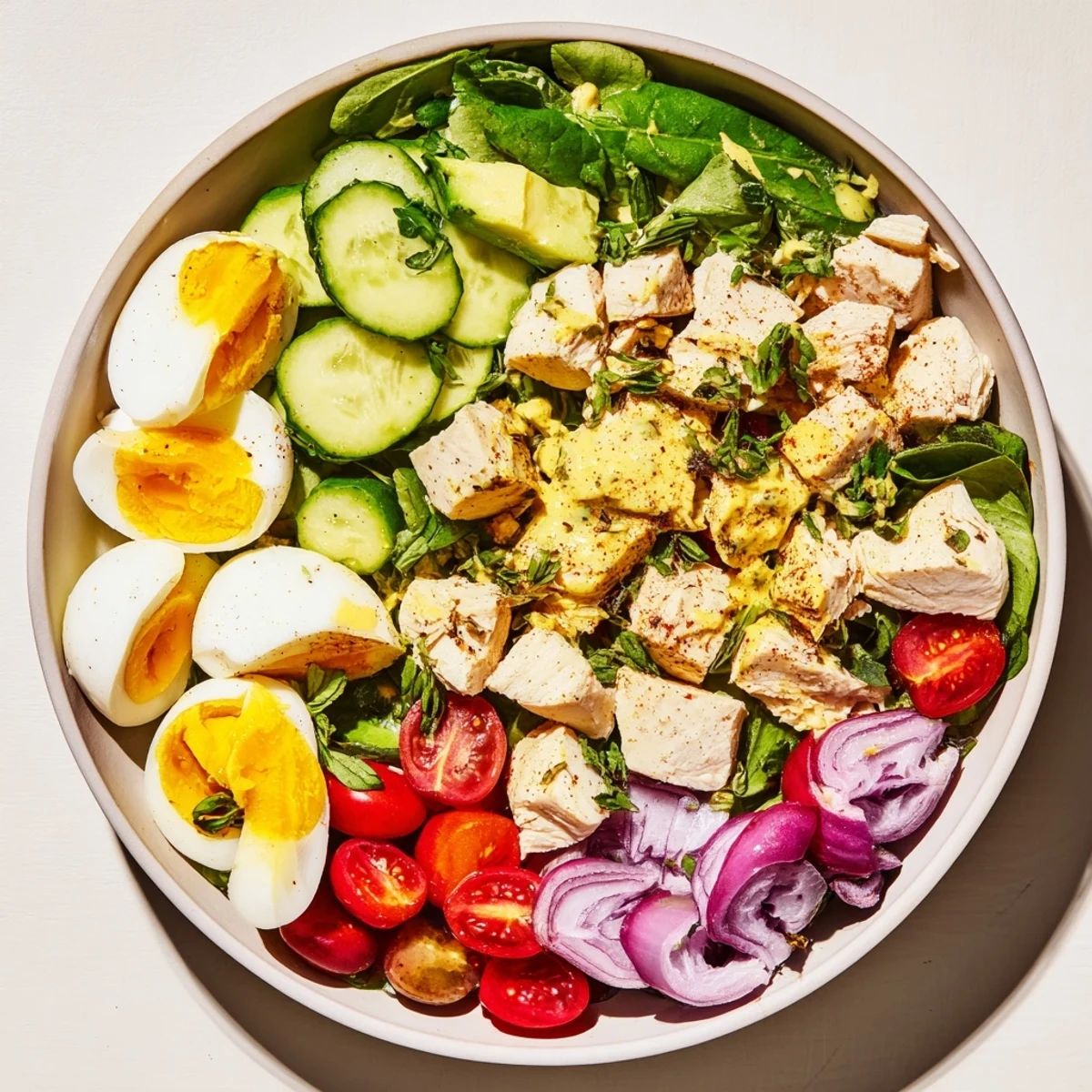 This High-Protein Chicken and Egg Salad includes flavorful chopped chicken and eggs amidst a light dressing.