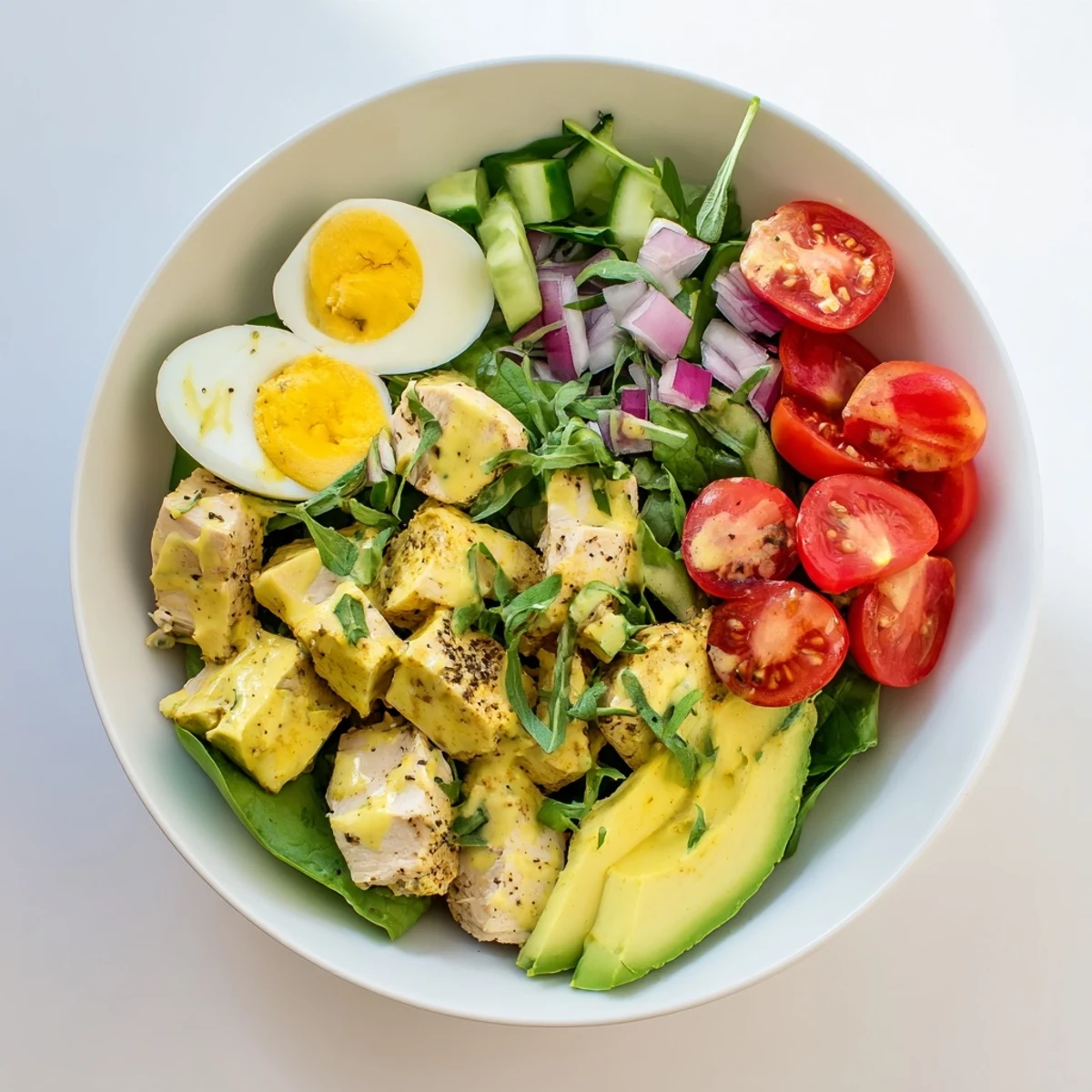 High-Protein Chicken and Egg Salad, a creamy, flavorful dish with fresh greens and juicy chicken.