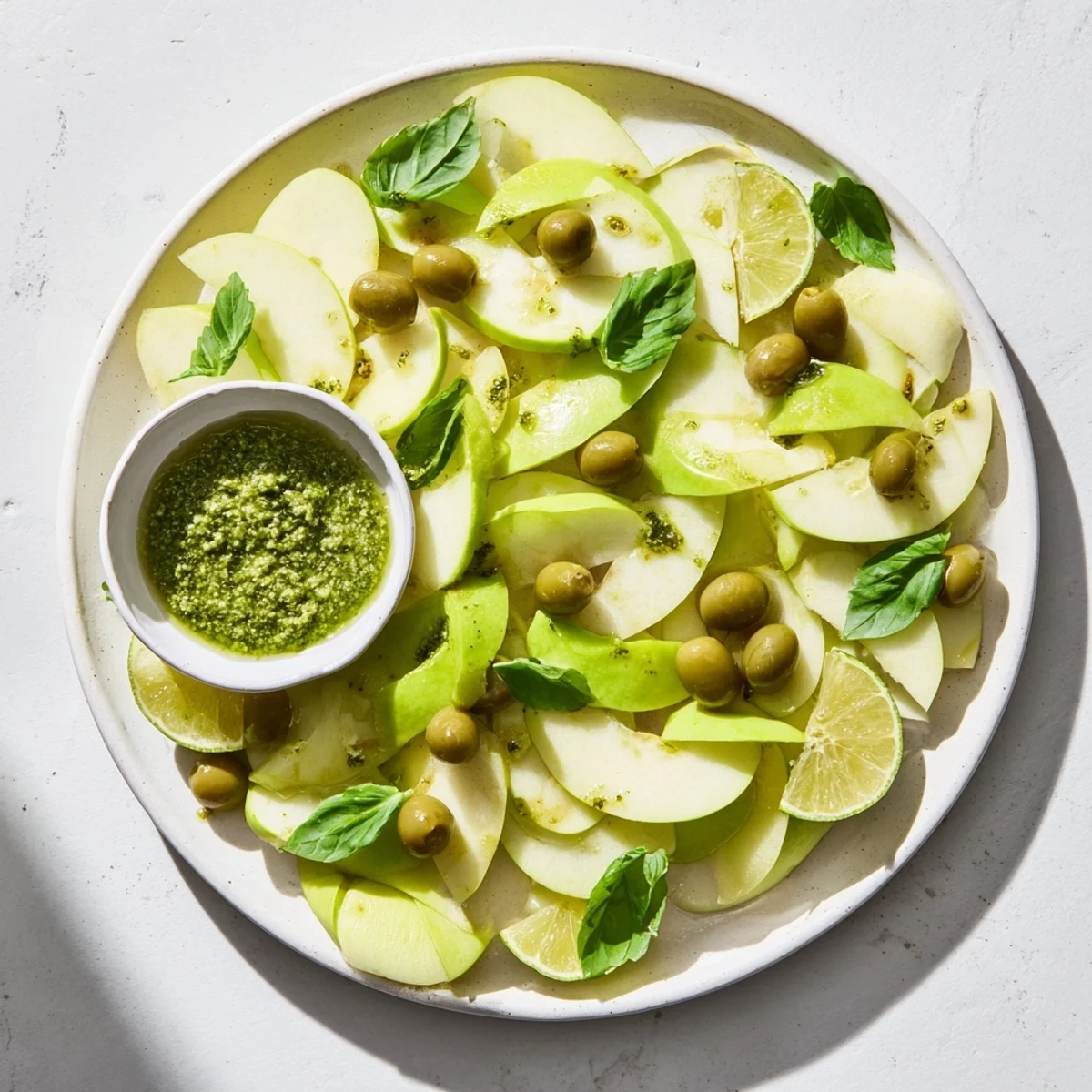 Emerald City snack board, a visually stunning appetizer featuring vibrant green apples and pesto.