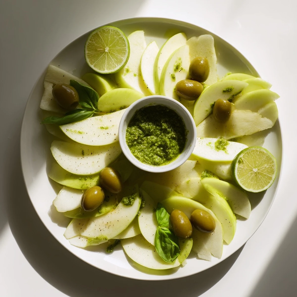 Fresh Granny Smith apples and green olives comprise this inviting Emerald City snack platter, ready to serve.