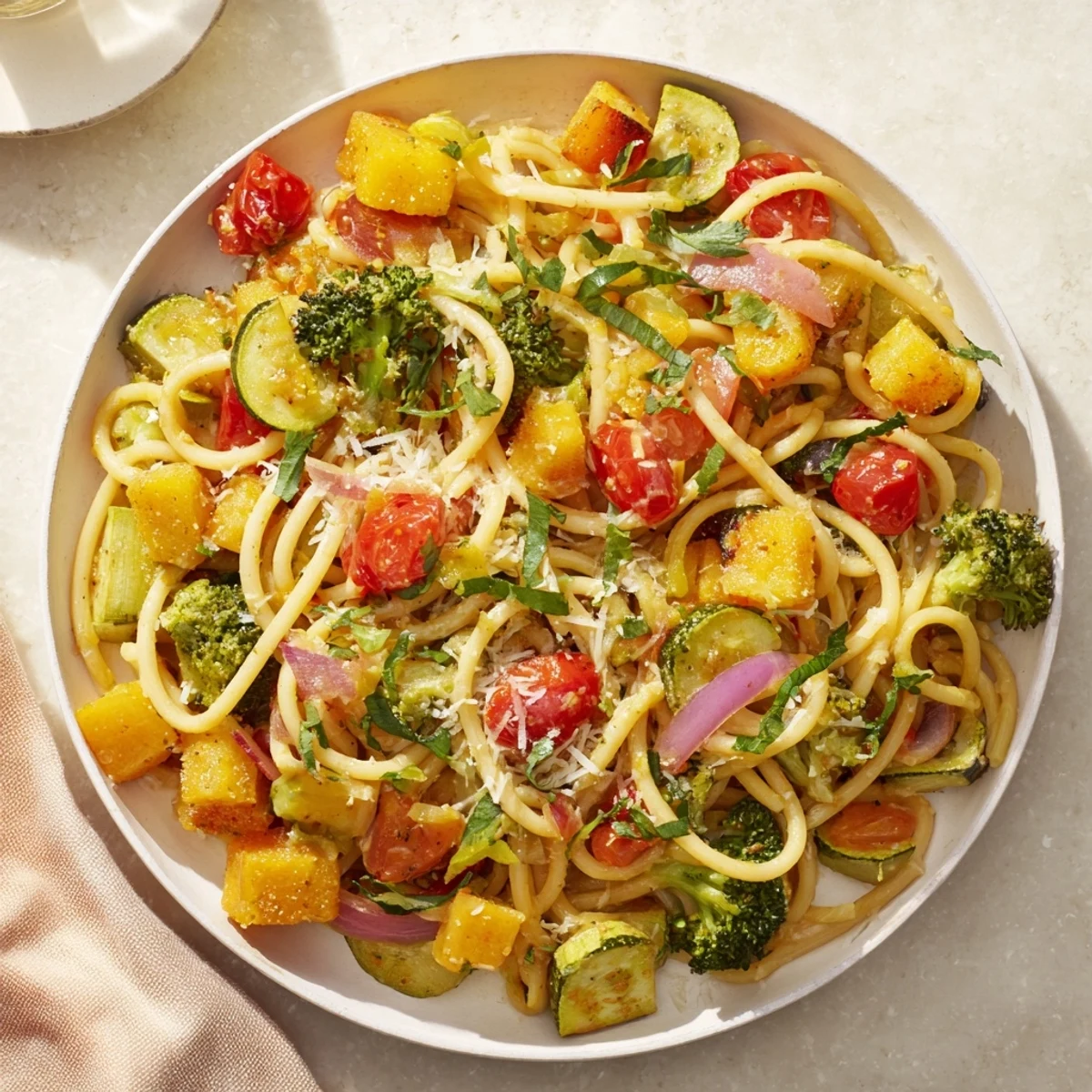 Steaming bowl of ditalini with air-fried vegetables, glistening with olive oil and fresh herbs.