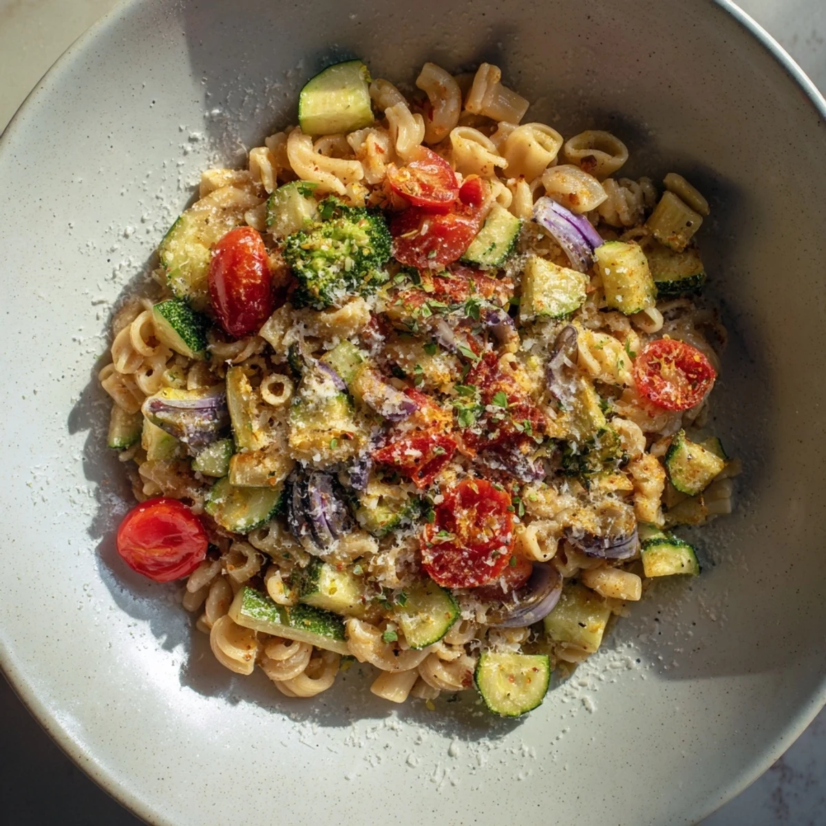 Vibrant ditalini pasta with air-fried vegetables, featuring colorful bell peppers and broccoli florets.