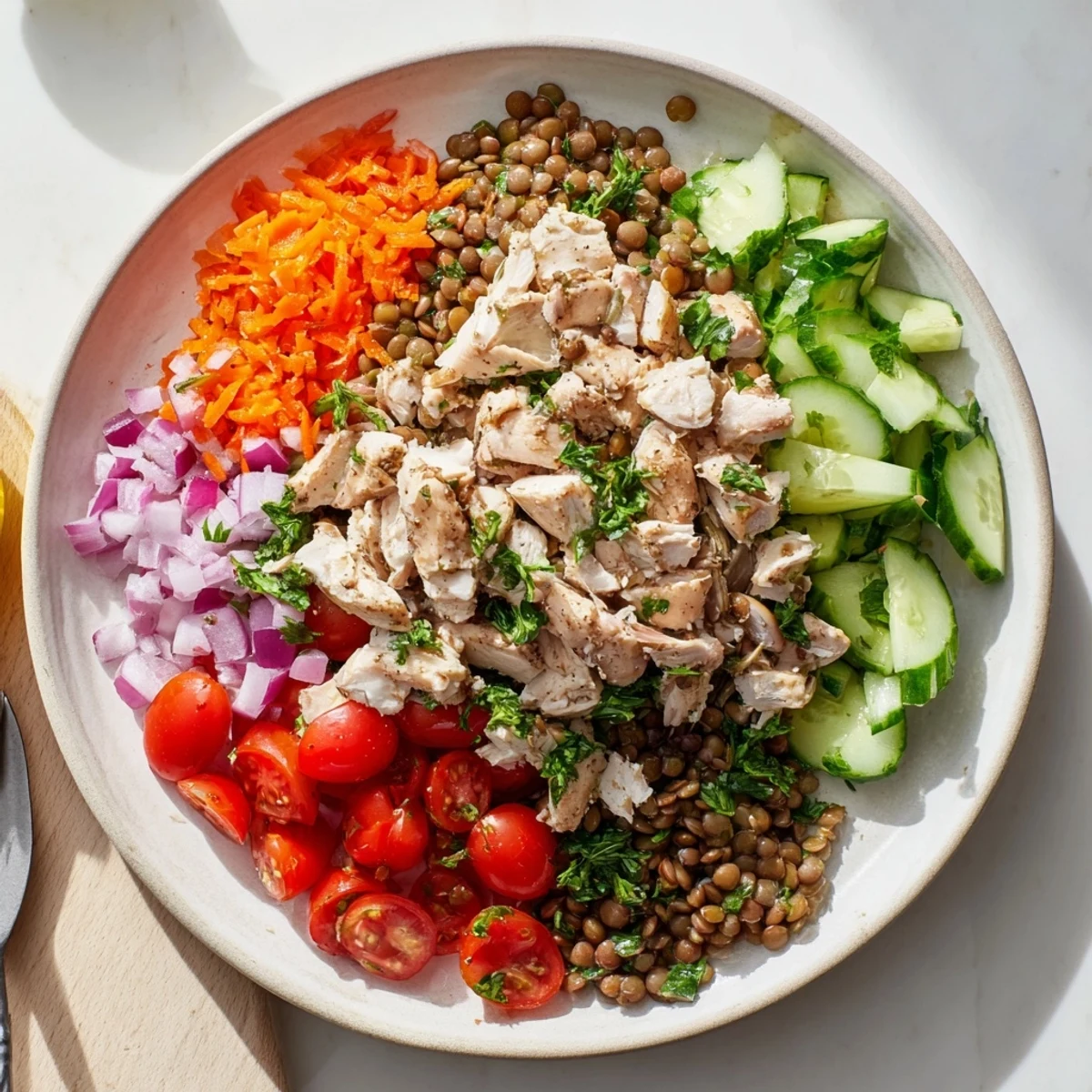This satisfying Chicken and Lentil Recession Salad showcases diced tomatoes and cucumber with a tangy dressing.