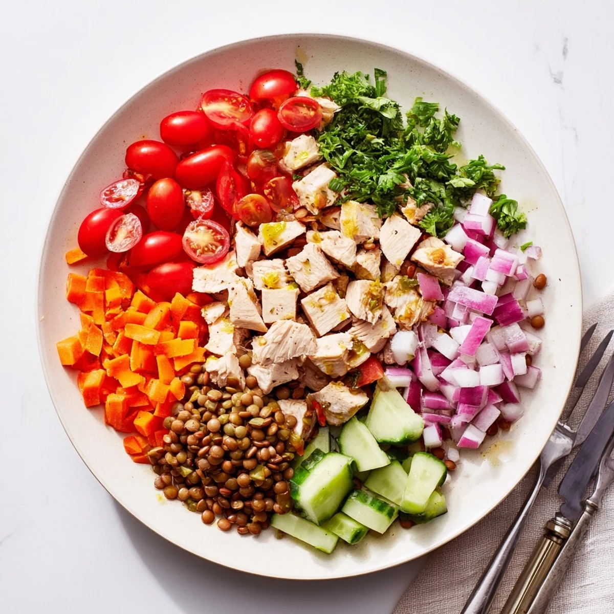 Chicken and Lentil Recession Salad: A vibrant salad with tender chicken and fresh vegetables, ready to serve cold.