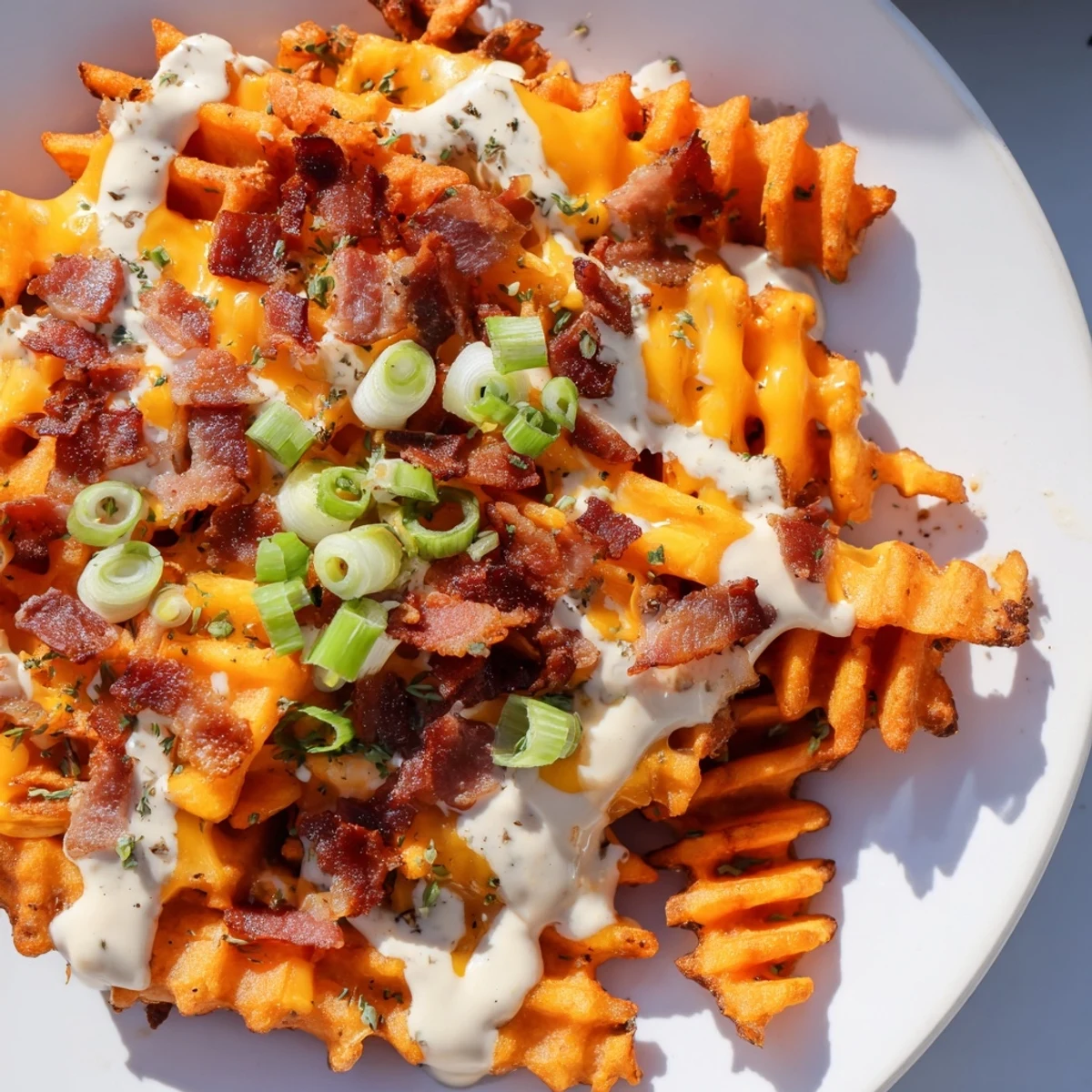 Golden, crispy Loaded Sweet Potato Fries topped with melted cheddar cheese and savory bacon.