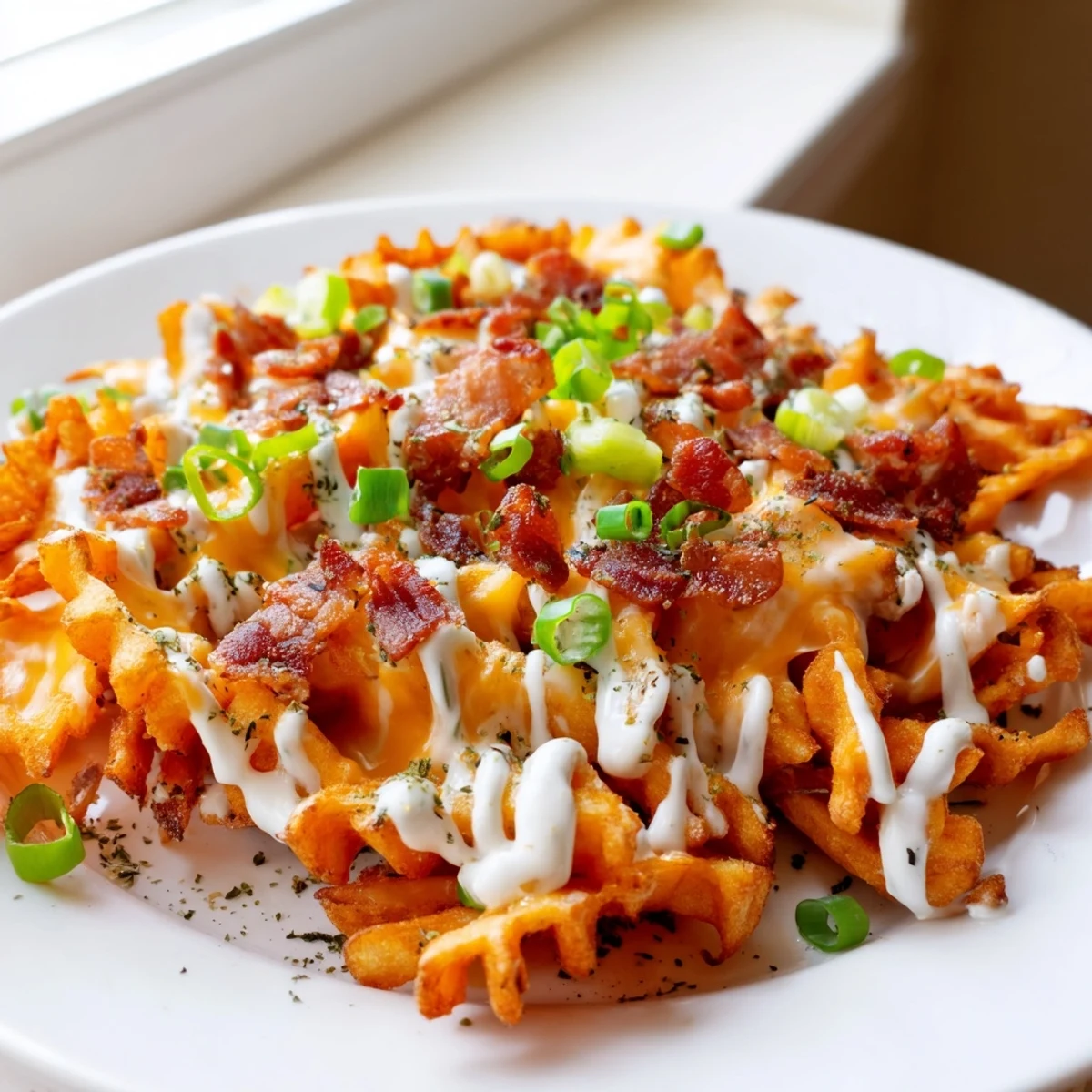 Enjoy flavorful Loaded Sweet Potato Fries: baked crispy with ranch, bacon, and cheddar.