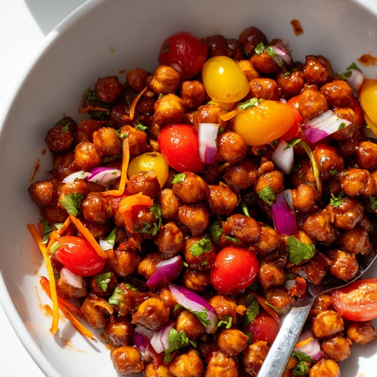 Smoky BBQ chickpea salad, highlighting vibrant tomatoes and colorful bell peppers ready to serve.