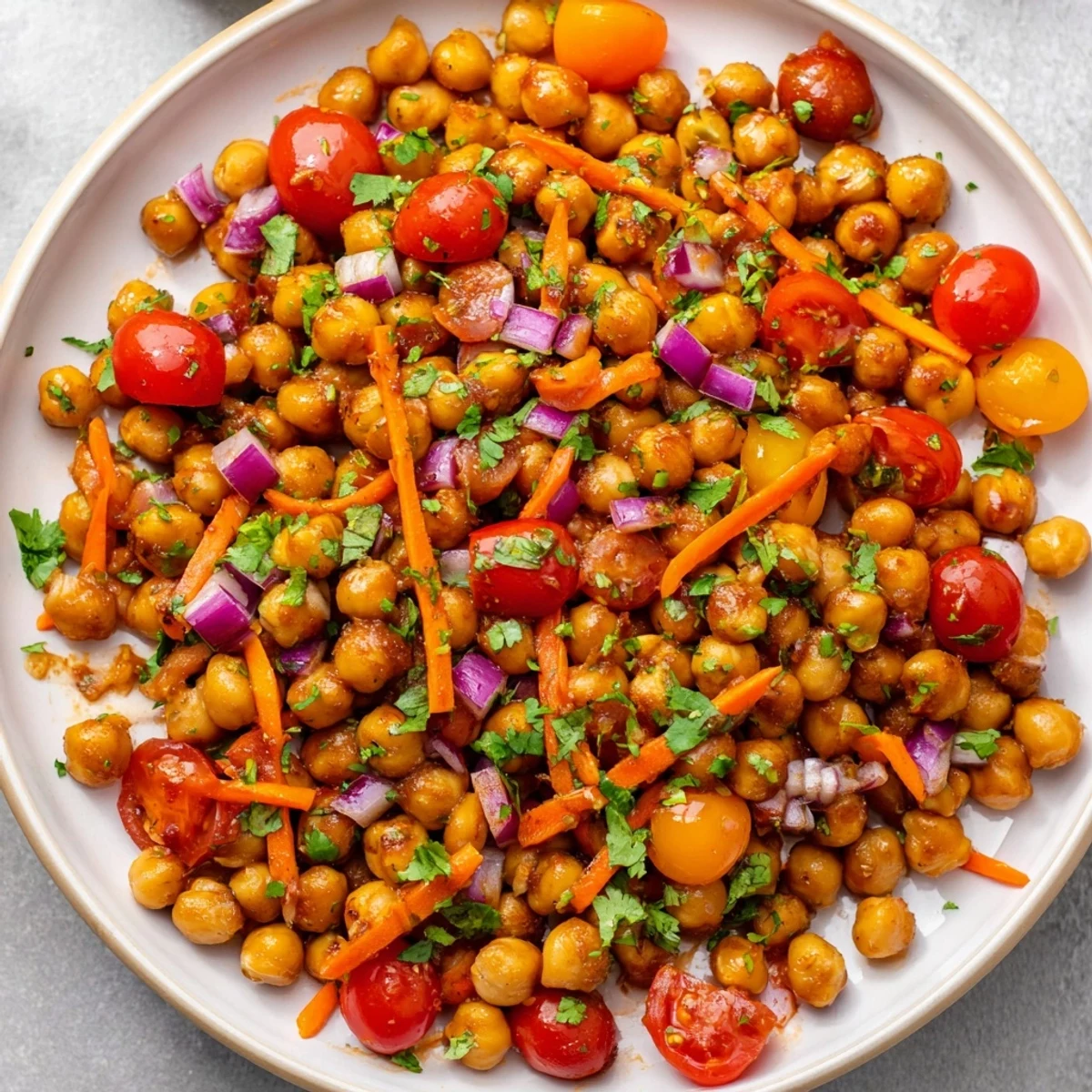 A close-up of a flavorful BBQ chickpea salad, tossed with fresh herbs and zesty dressing.