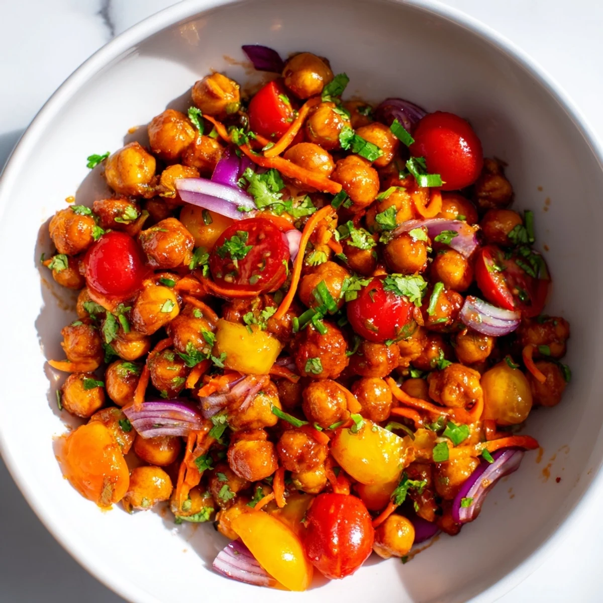 The prepared BBQ chickpea salad with crisp veggies—a delicious vegetarian dish for any meal.