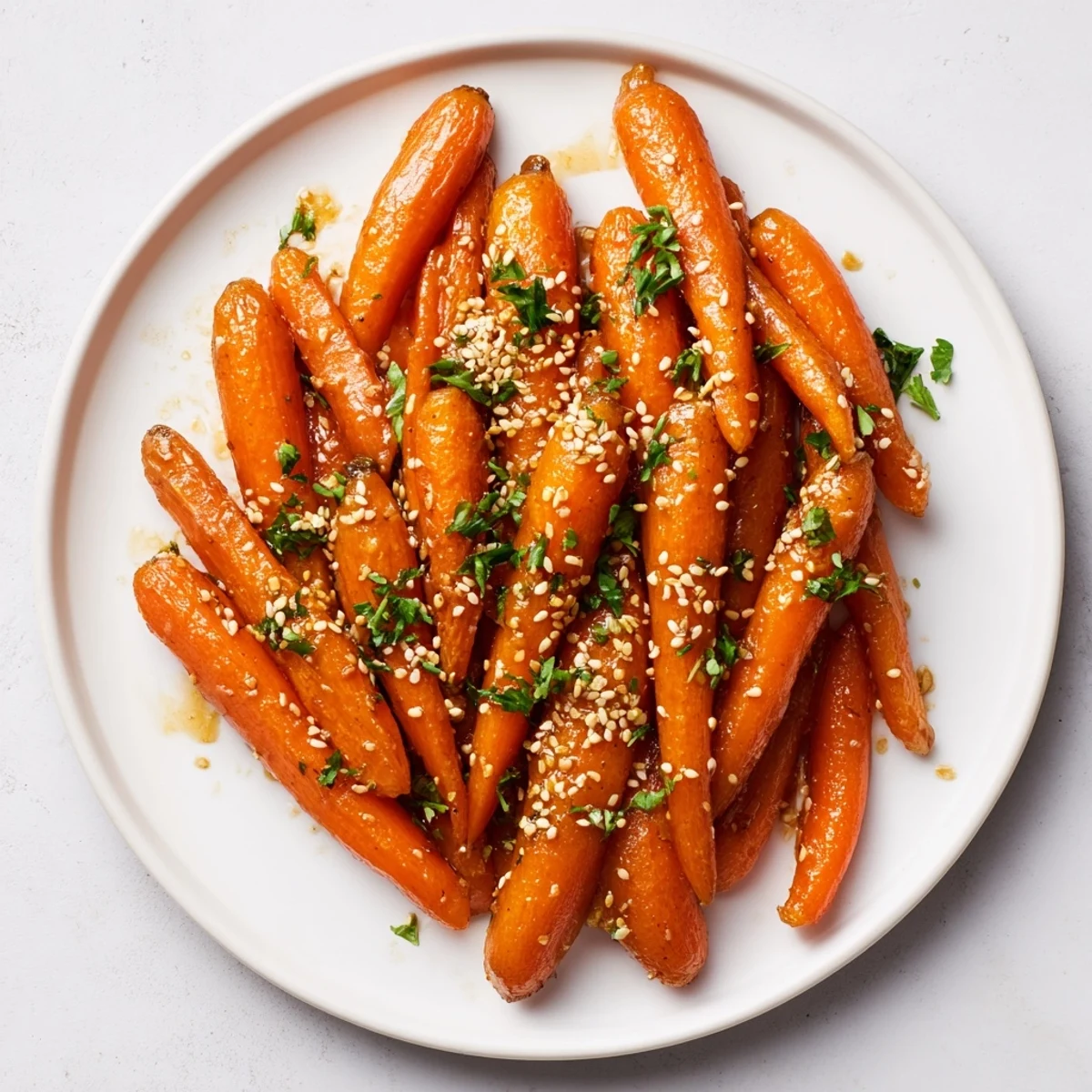 Honey Soy Roasted Carrots glistening with a sticky glaze, ready to serve as a colorful side.
