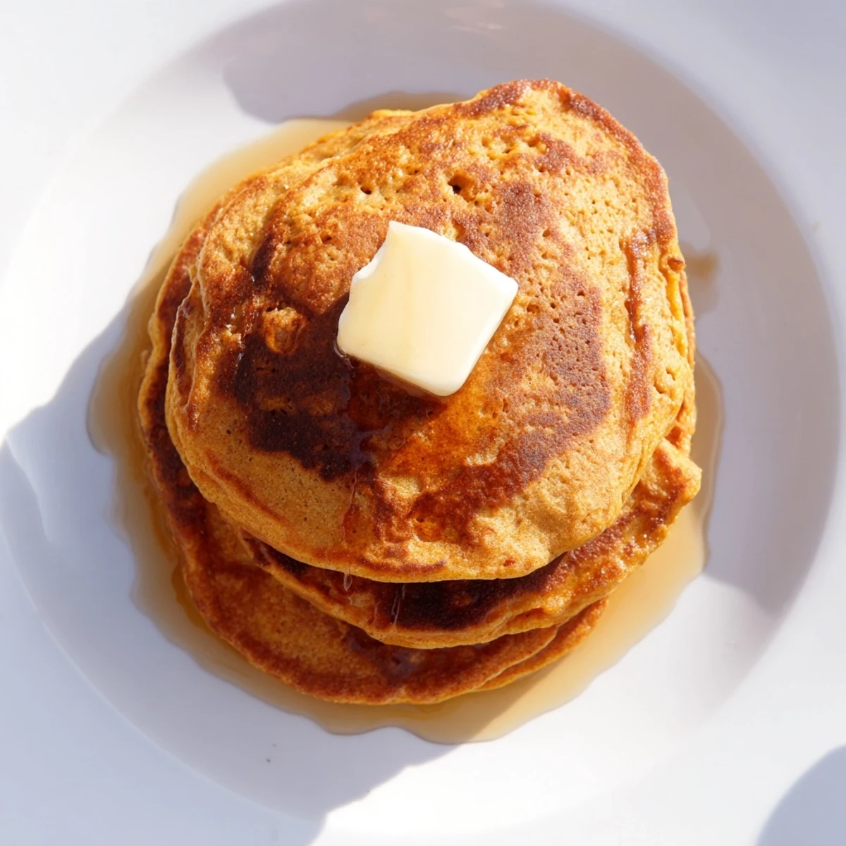 Golden-brown fluffy pumpkin spice pancakes stacked high, ready to be drizzled with syrup.