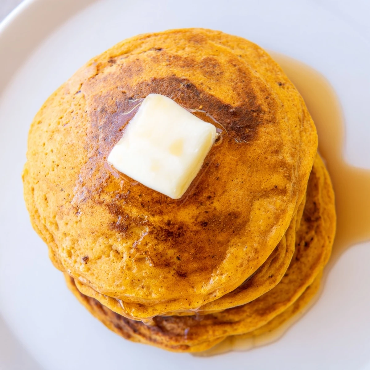 Warm, spiced pumpkin spice pancakes with fluffy textures, ready to be enjoyed with a hot drink.