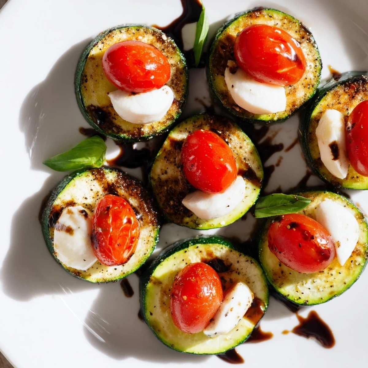 Zucchini Caprese Bites arranged beautifully, boasting vibrant tomatoes, creamy mozzarella, and a balsamic drizzle.