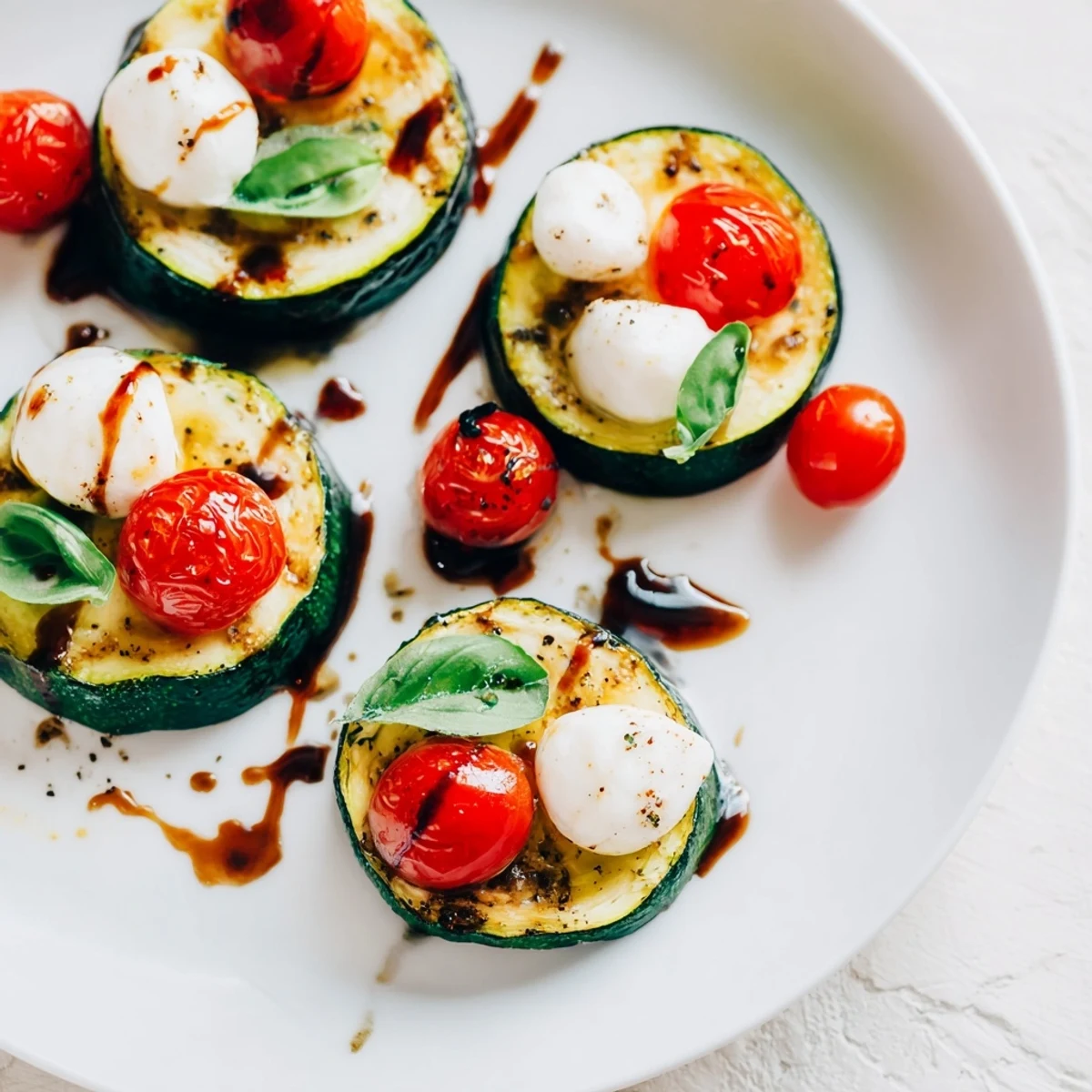 A close-up view of flavorful Zucchini Caprese Bites: tender zucchini, mozzarella, and cherry tomatoes.