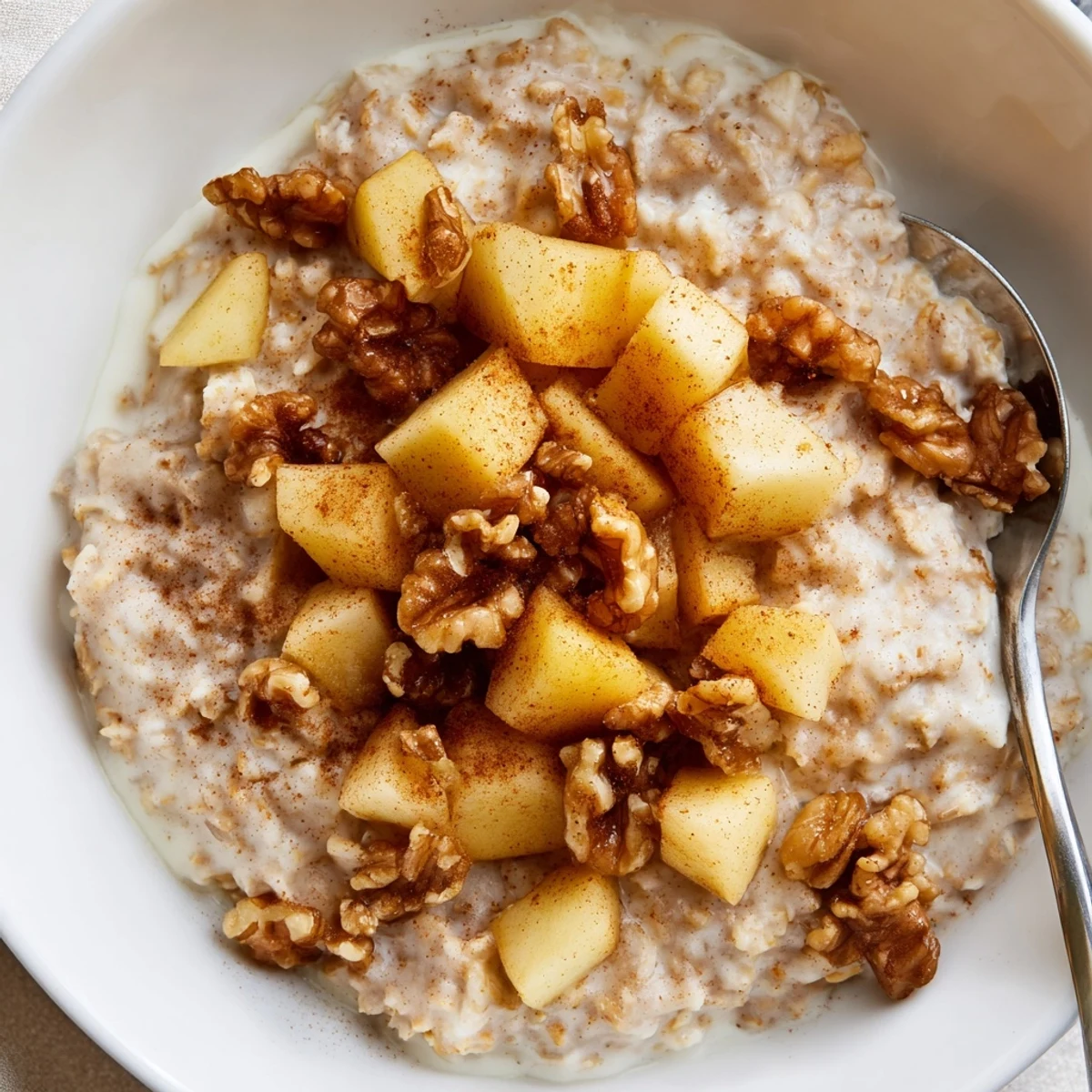 A delicious, homemade apple pie oatmeal bowl, perfect for a quick, filling, and healthy breakfast.