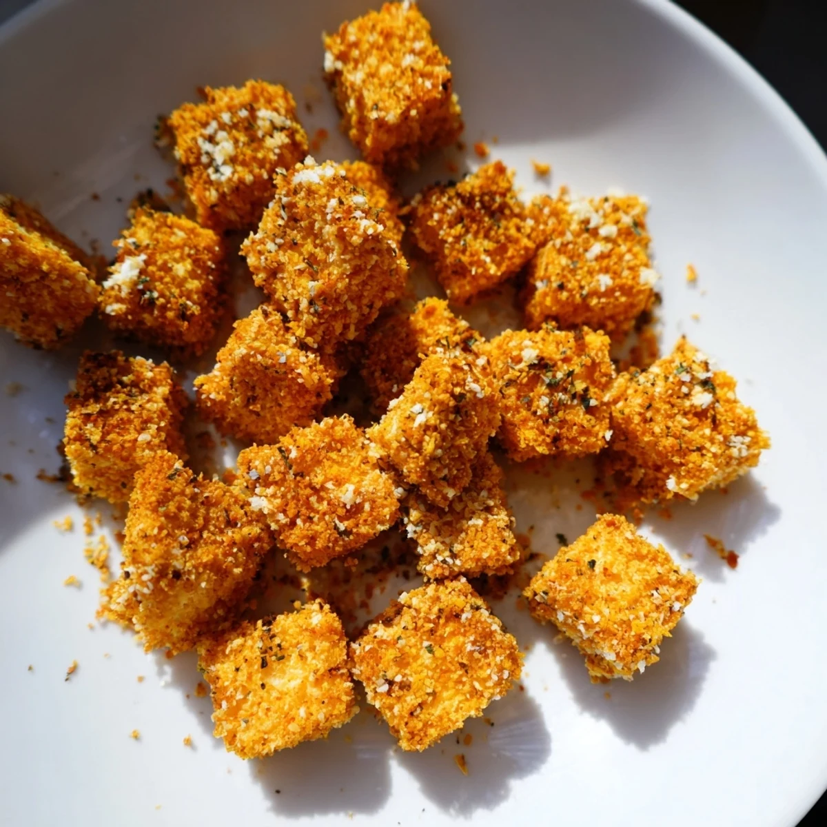 Golden-brown popcorn tofu bites, perfectly crispy, ready to be dipped and enjoyed as a snack.
