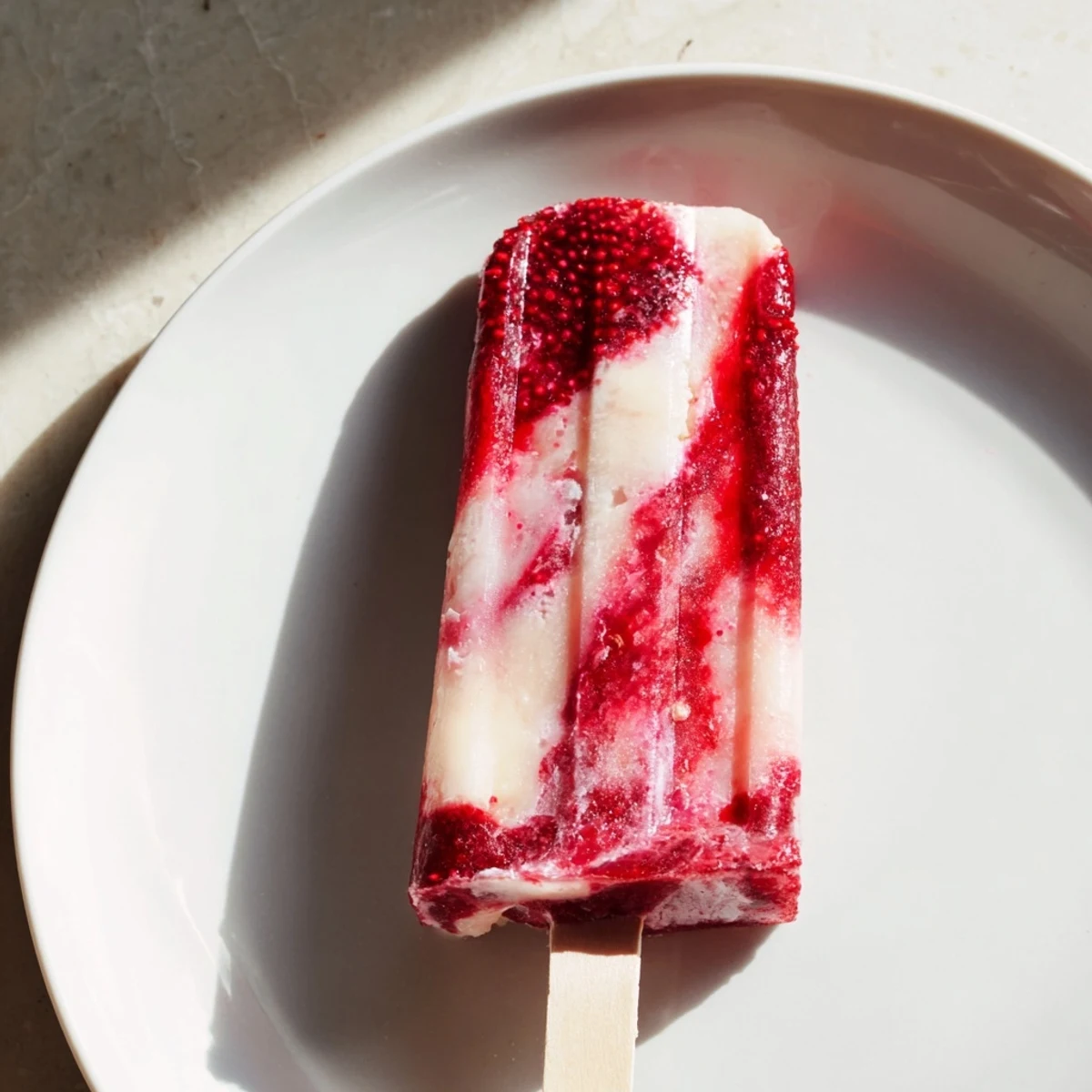 Creamy Raspberry Coconut Ice Pops, swirled with red berry goodness and creamy coconut, ready to eat!