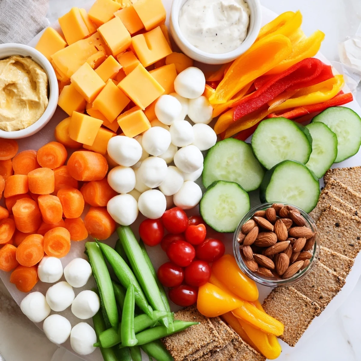 A colorful Veggie Snack Board–Adult Lunchable, loaded with fresh veggies, cheeses, and dips to enjoy.