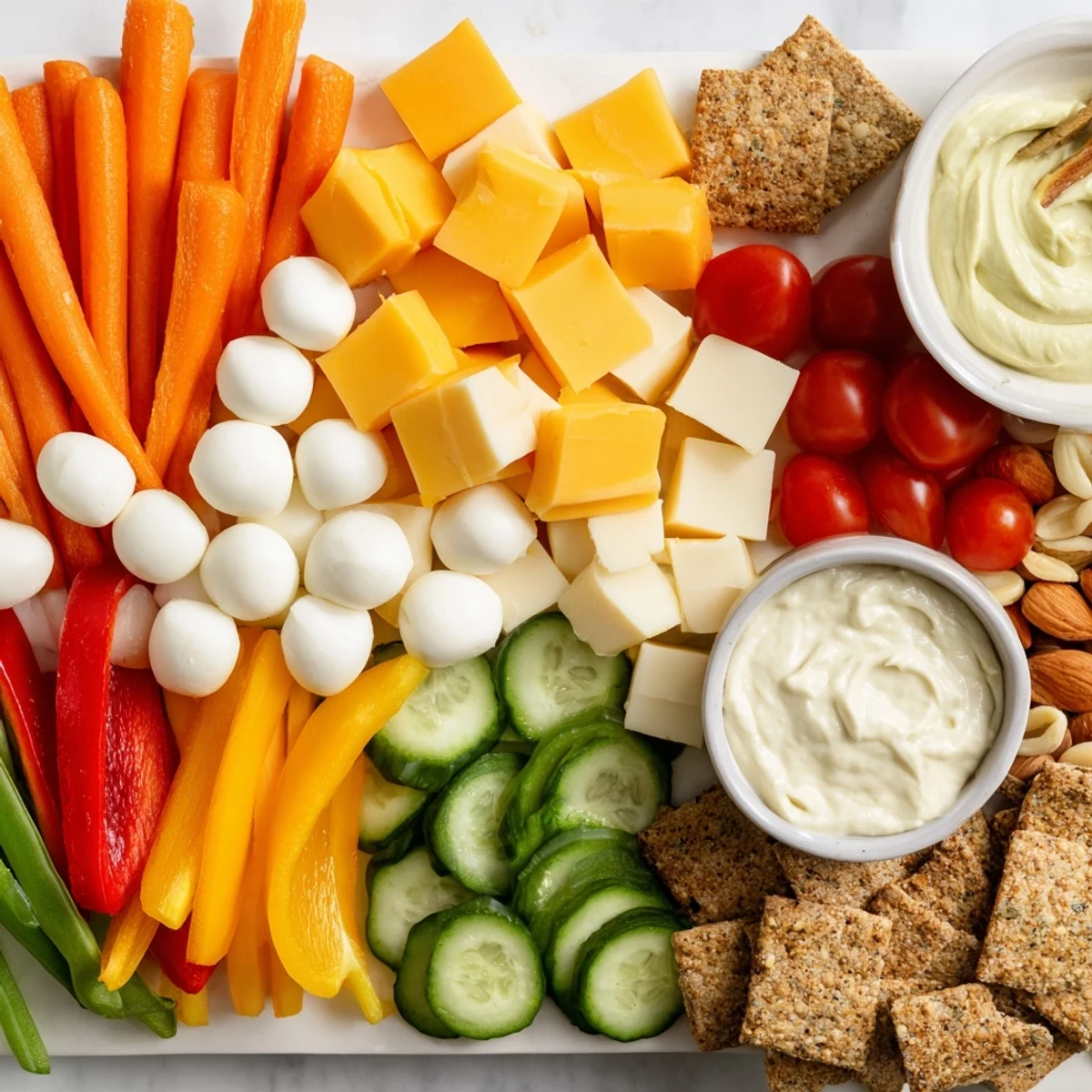 Crisp bell peppers and carrots star on this tempting Veggie Snack Board–Adult Lunchable, perfect for lunch.