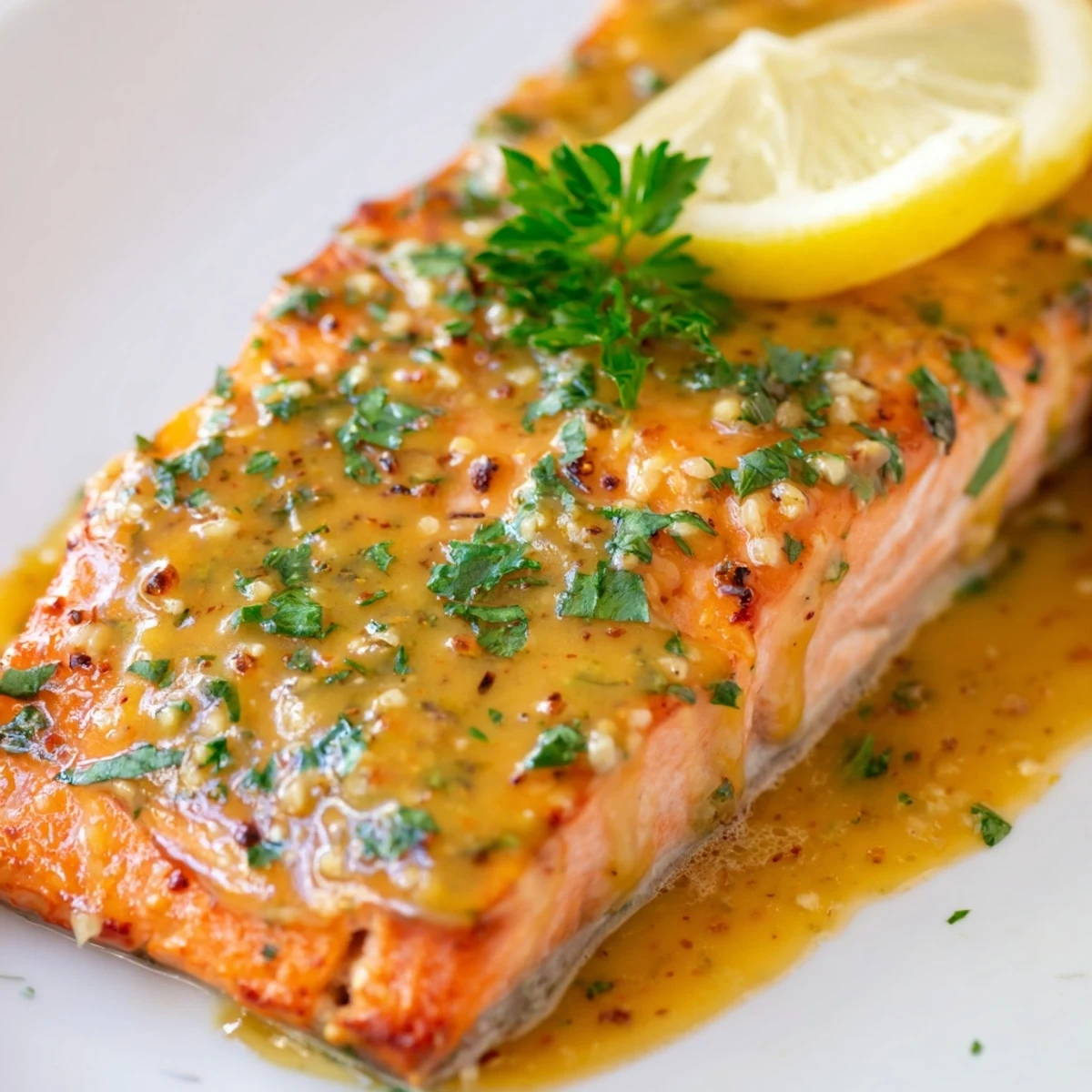 Golden-brown honey mustard salmon glistening, served alongside fresh parsley and lemon wedges.