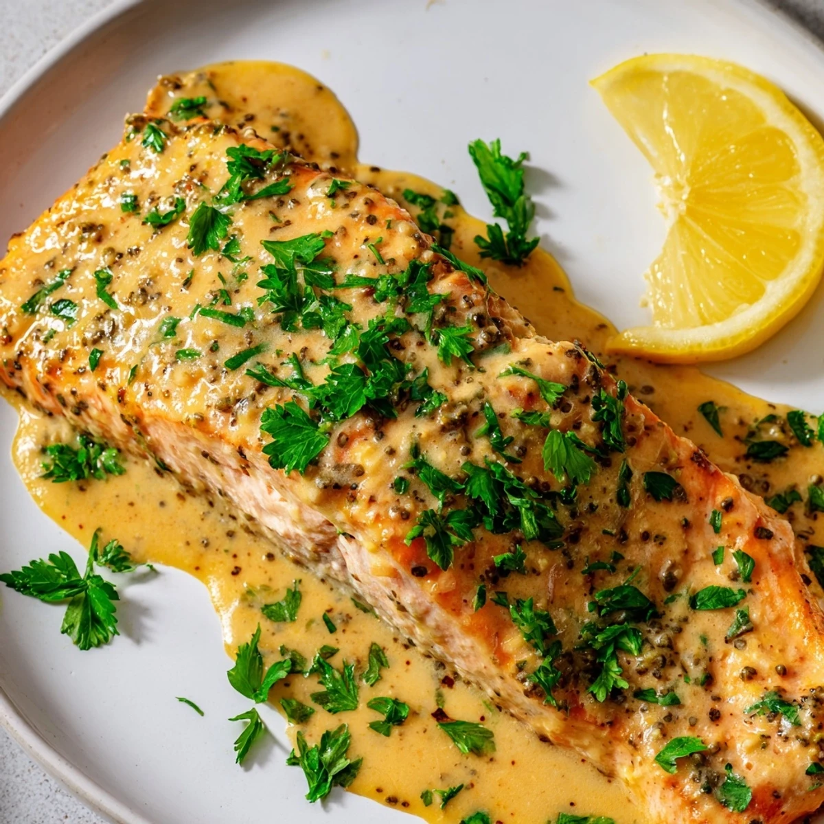 Oven-baked honey mustard salmon, a tender fillet coated in a sweet and savory glaze.
