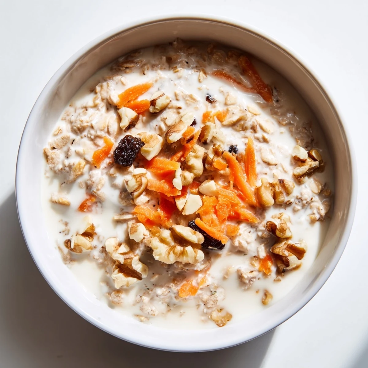 A close-up of creamy Carrot Cake Overnight Oats topped with nuts and a sweet drizzle.