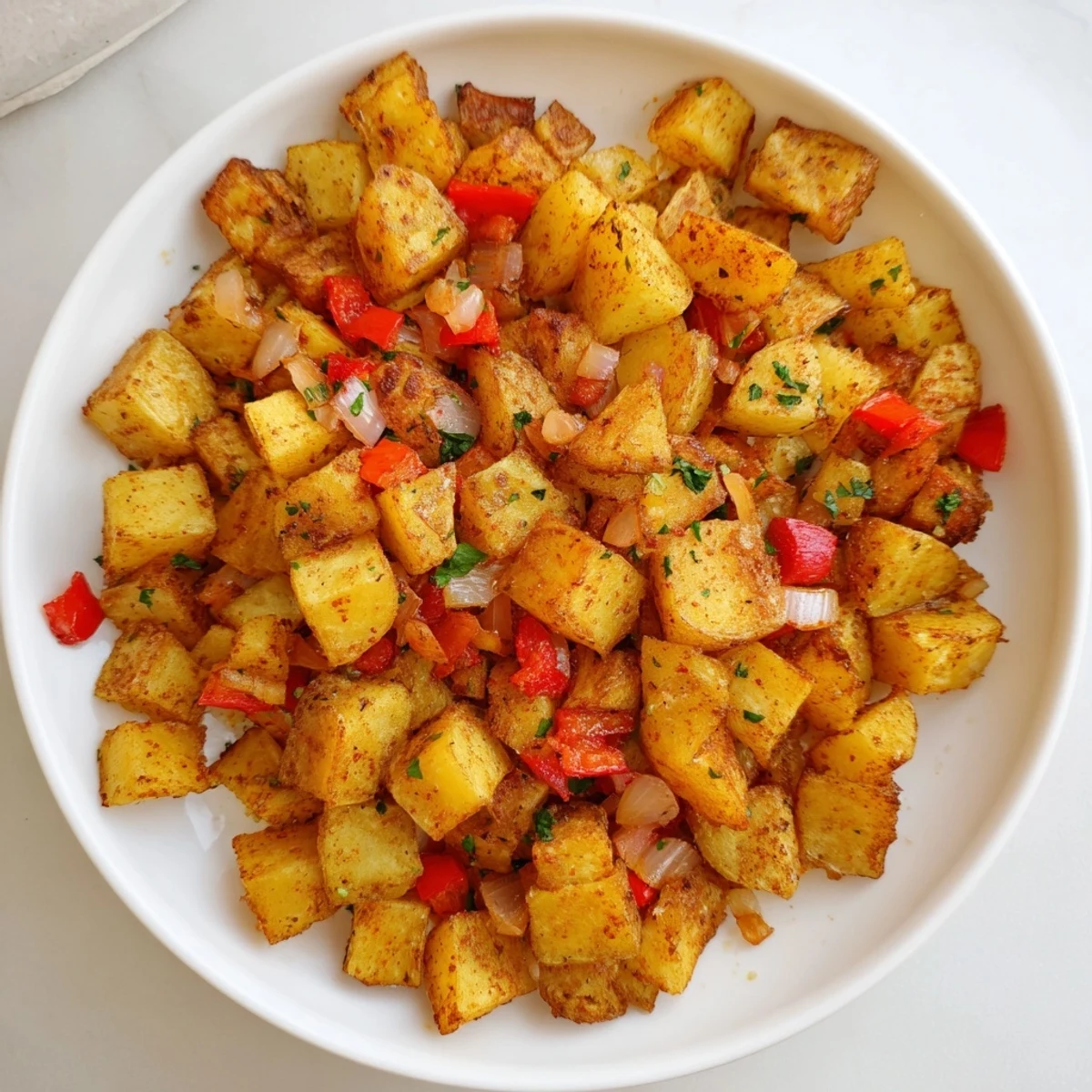 Golden-brown air fryer breakfast potatoes, crispy and delicious, perfect alongside scrambled eggs for a hearty American breakfast.
