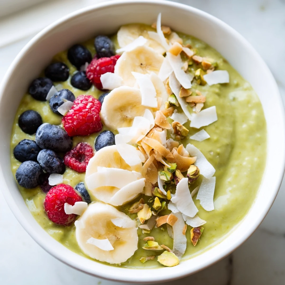 Creamy matcha overnight oats topped with fresh berries, perfect for a healthy breakfast.