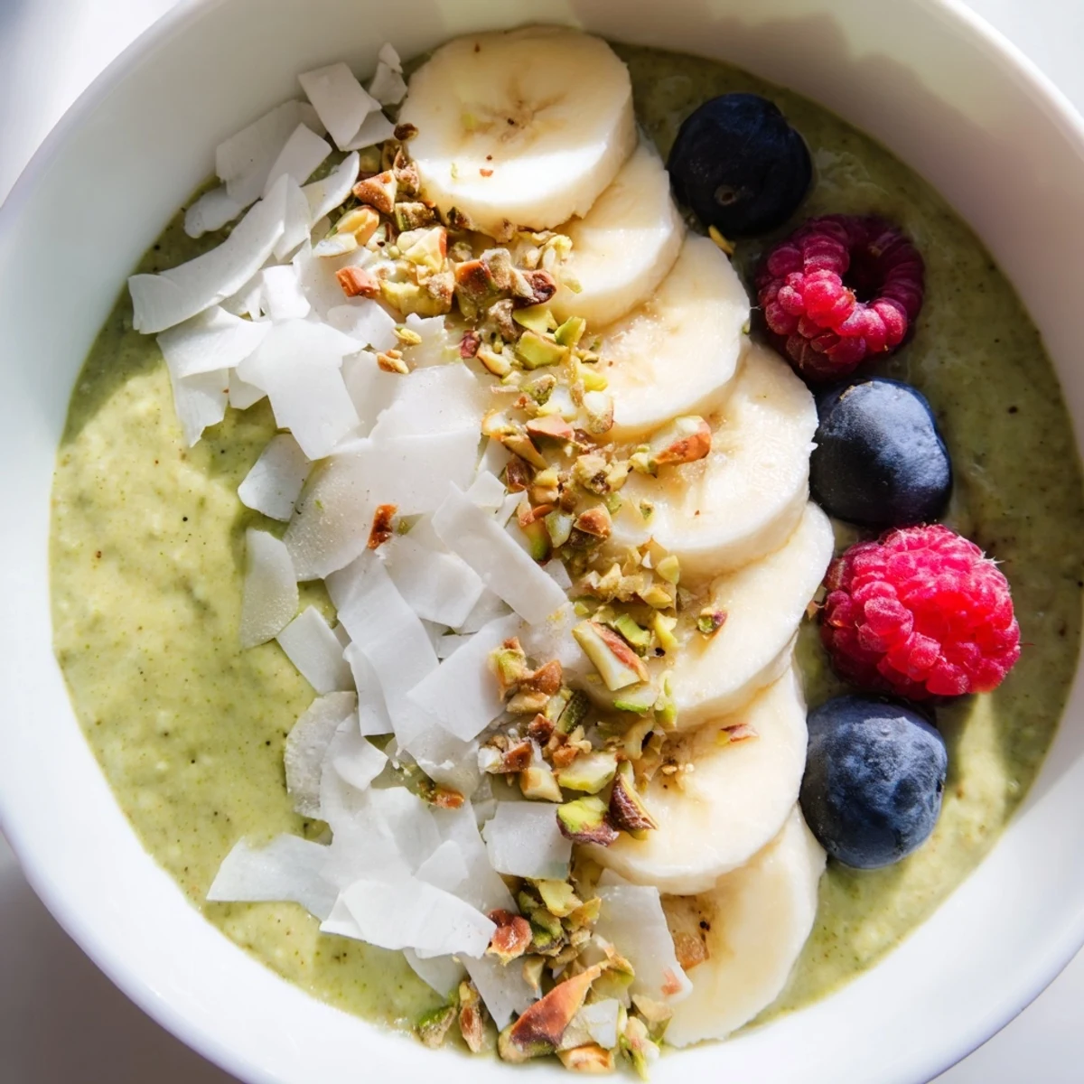 A close-up of delicious matcha overnight oats showcases toppings like toasted coconut and banana slices.