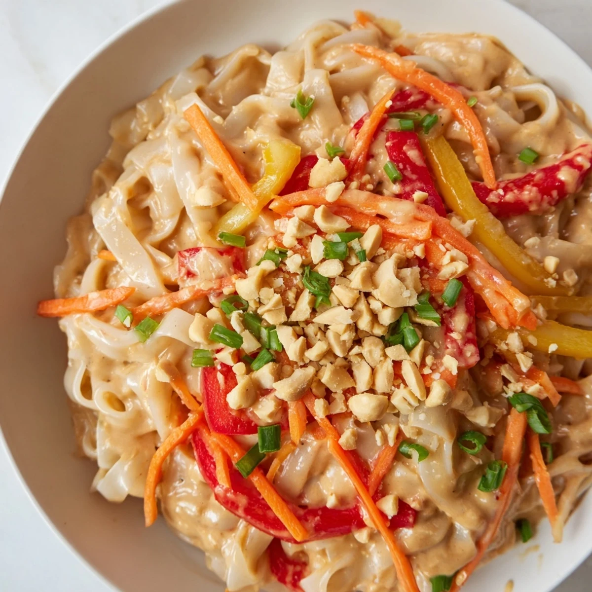 Steaming bowl of Spicy Peanut Noodles with vibrant veggies and sprinkled peanuts, ready to enjoy.