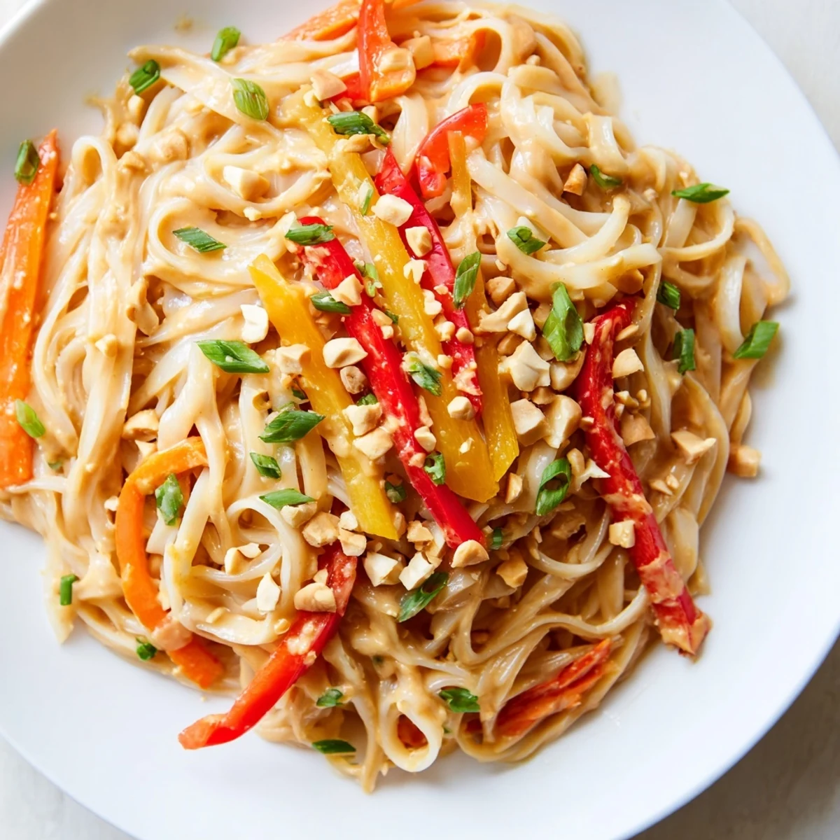 Delicious Spicy Peanut Noodles, a quick vegetarian main dish with colorful bell peppers and garnish.