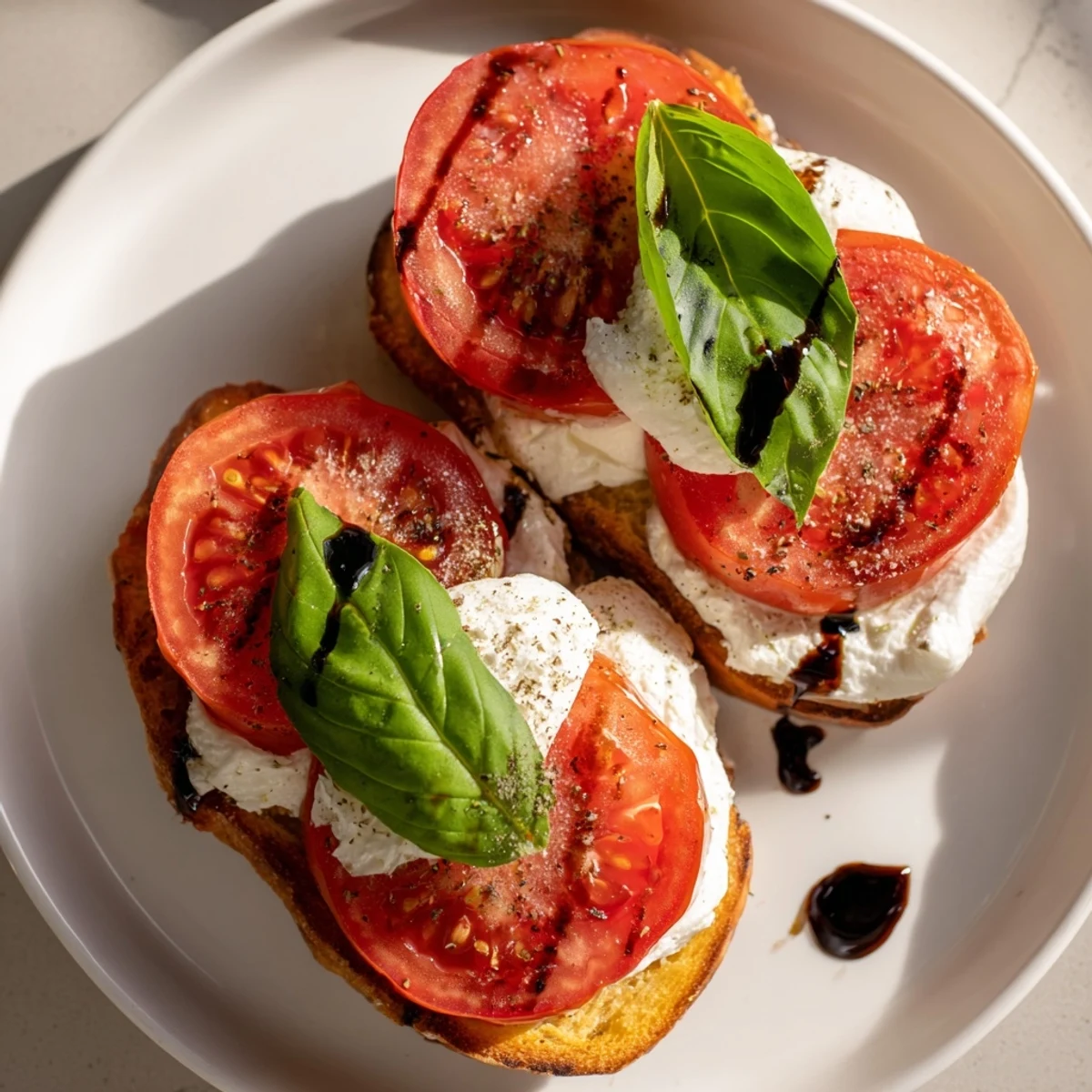 Toasted sourdough topped with creamy burrata cheese and juicy tomato slices for Tomato Burrata Toast.